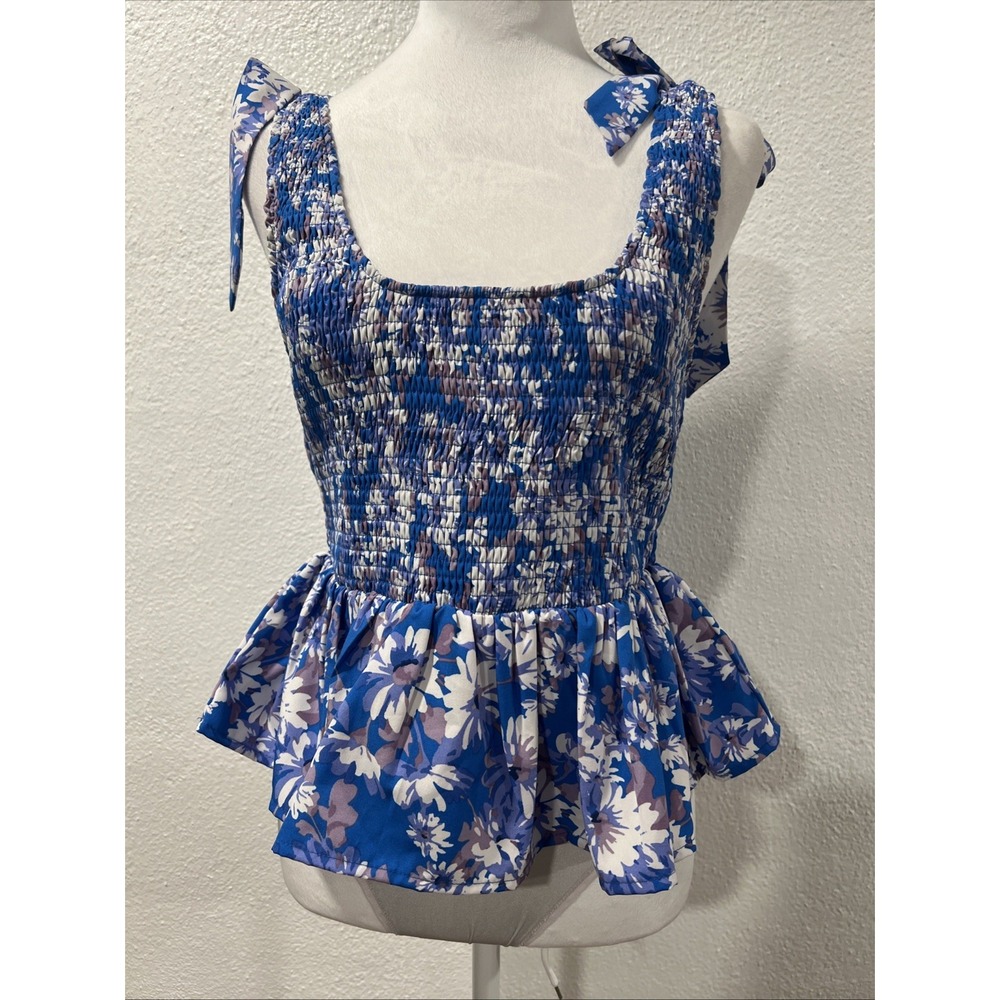 Pink Lily Rivera Smocked Top Sz M Boca Blue Floral Flared Tie Strap